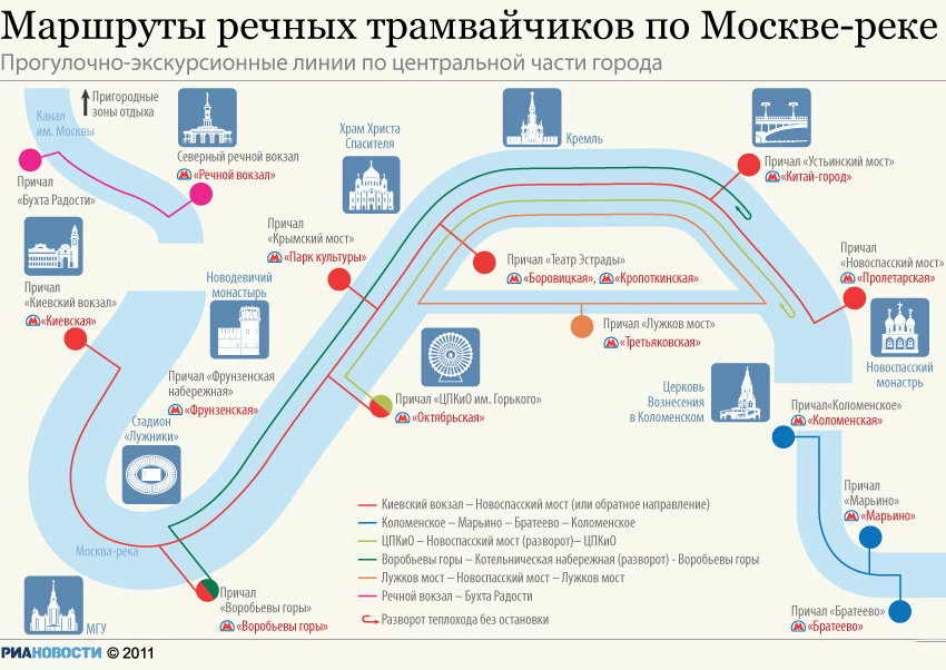 Маршруты речных трамваев по Москве реке
