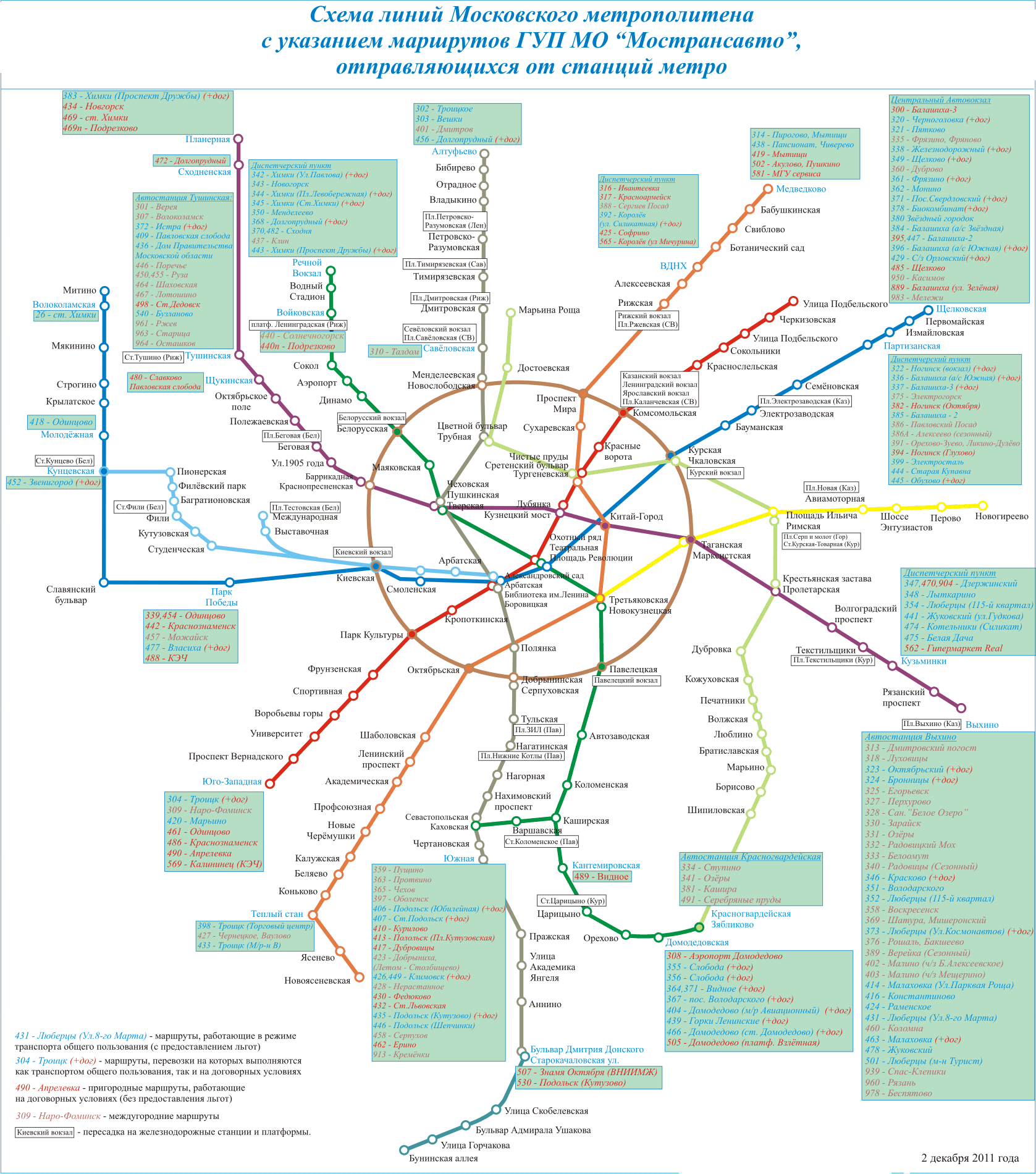 Схема маршрутов ГУП МО Мострансавто отправляющихся от станций метро